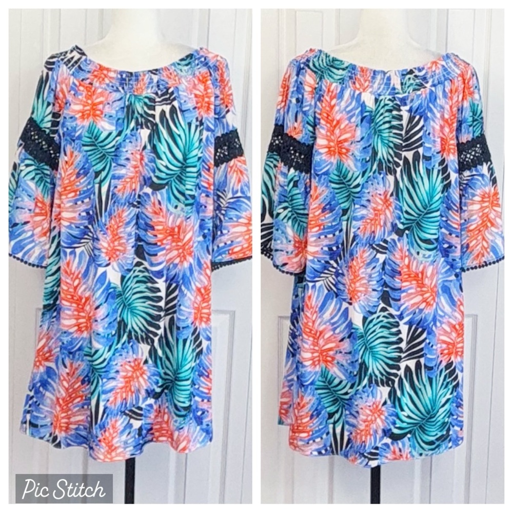 NWT Jennifer Lopez Tropical Paradise Palms Print Mini Shift Dress Large